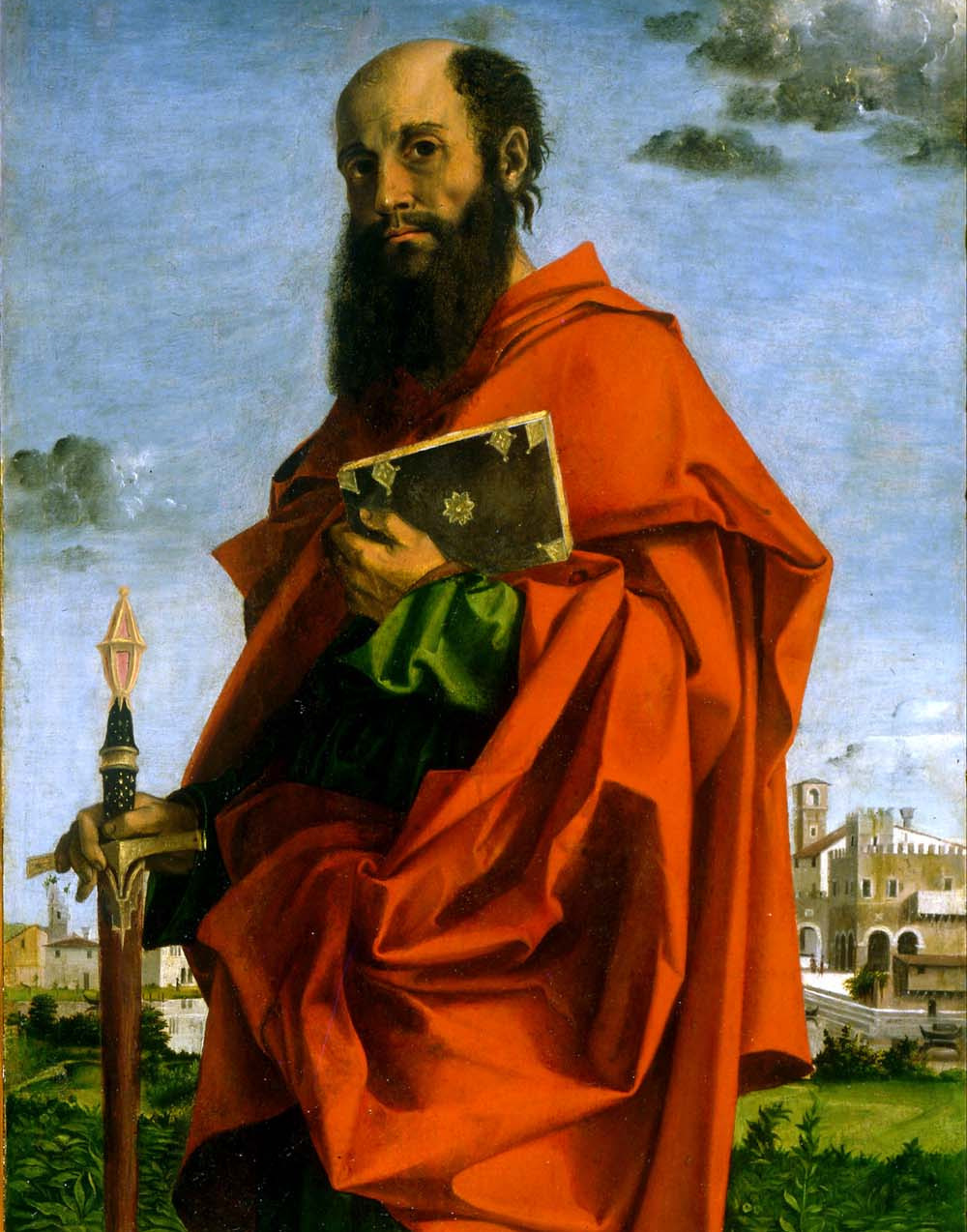 Ein altes Gemälde zeigt einen Mann mit einem Schwarzen, langen Bart und einem Buch in der Hand