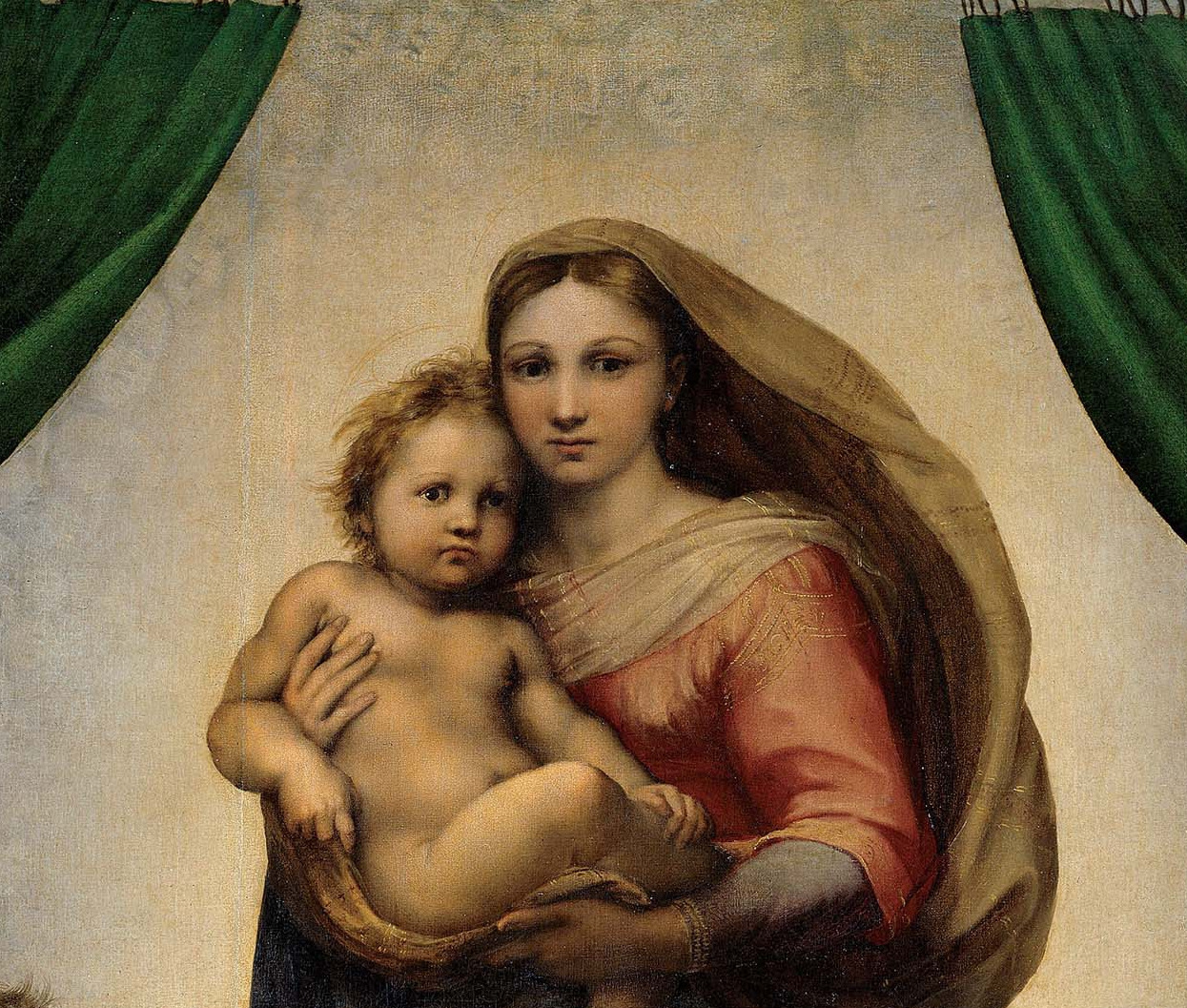 Ein altes Gemälde zeigt eine Frau mit einem Baby auf dem Arm