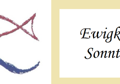 Das Bild zeigt ein stilisiertes Fischsymbol in Rot und Blau, daneben steht in eleganter Schrift "Ewigkeitssonntag". Diese Darstellung symbolisiert einen religiösen Anlass und leitet möglicherweise zu einem besonderen Tag im Kirchenjahr.