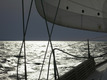 Ein Segelboot fährt über glitzerndes Wasser, das das Licht reflektiert. Im Hintergrund ist der Himmel bewölkt. Die Segel sind aufgebläht und die Takelage ist sichtbar, während das Boot sanft durch die Wellen gleitet.