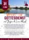 Ein Plakat für einen Open-Air-Gottesdienst am 31. August um 11 Uhr, der Taufen und Live-Musik bietet. Der Gottesdienst findet am Deichschar-Kiosk am Werdersee statt und lädt alle, einschließlich Kinder und Erwachsene, herzlich ein, teilzunehmen und die Gemeinschaft zu genießen.
