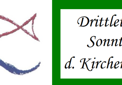 Ein roter Fischsymbol und ein blauer Schwung. Rechts steht in einer eleganten Schrift: "Drittletzter Sonntag d. Kirchenjahres". Der Hintergrund ist grün.