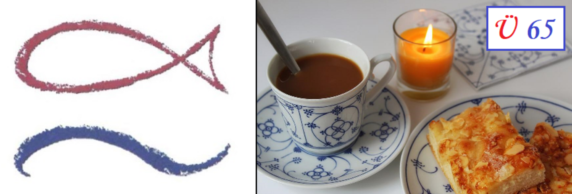 Das Bild zeigt eine Tasse Kaffee mit einem Löffel, platziert auf einer blauen Untertasse. Daneben liegt ein Stück Kuchen und eine brennende Kerze. Im Hintergrund ist eine einfache, kunstvolle Skizze in Rot und Blau zu sehen. Ein Hinweis „Ü 65“ wird in der oberen rechten Ecke angezeigt.