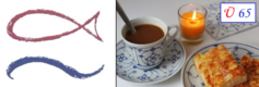 Das Bild zeigt eine Tasse Kaffee mit einem Löffel, platziert auf einer blauen Untertasse. Daneben liegt ein Stück Kuchen und eine brennende Kerze. Im Hintergrund ist eine einfache, kunstvolle Skizze in Rot und Blau zu sehen. Ein Hinweis „Ü 65“ wird in der oberen rechten Ecke angezeigt.