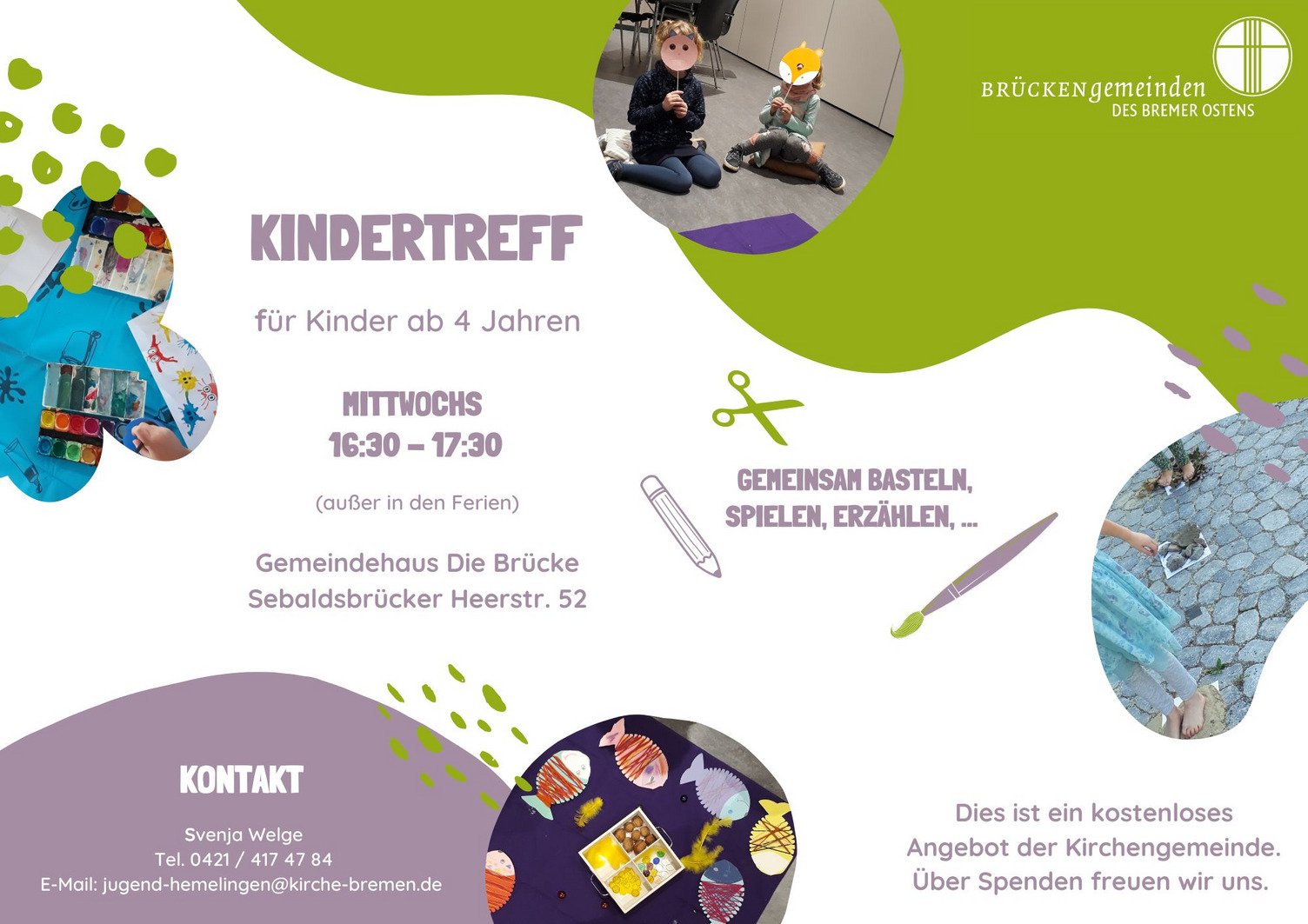 Plakat Kindertreff, Mittwochs 16:30-17:30 in der Brücke