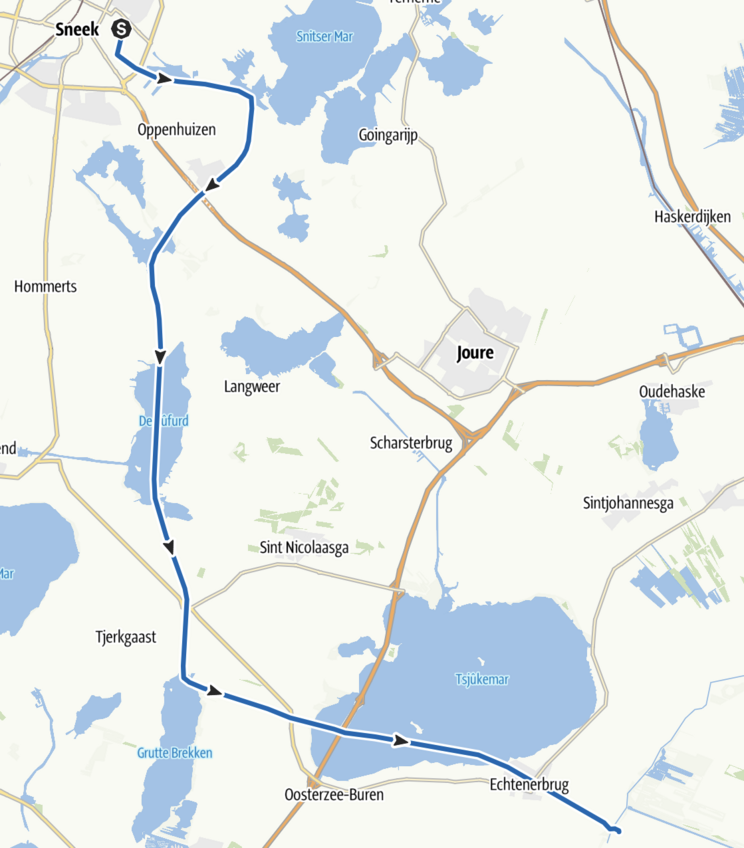 Sneek - Langelille Karte der Region um Sneek, mit eingezeichnetem blauen Weg, der von Sneek nach Langelille führt. Eongezeichnete Orte sind unter anderem Hommerts, Tjerkgaast und Scharsterbrug. Gewässer wie der Sneeker Meer und der Tjeukemeer sind ebenfalls dargestellt.