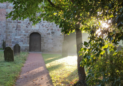 Ein gepflasterter Weg führt zu einer alten Steinkirche, die mit Bäumen umgeben ist. Das Licht der Morgensonne scheint durch die Blätter, während der Boden teilweise mit Laub bedeckt ist. Die Szenerie vermittelt eine ruhige, friedliche Atmosphäre.