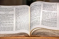 Ein geöffnetes Buch zeigt auf den Seiten Text in deutscher Sprache. Die Buchseiten sind gut lesbar, mit vielen Zeilen, die zu einem Kapitel über David gehören. Die Seiten sind leicht vergilbt und die Buchränder sind abgerundet.