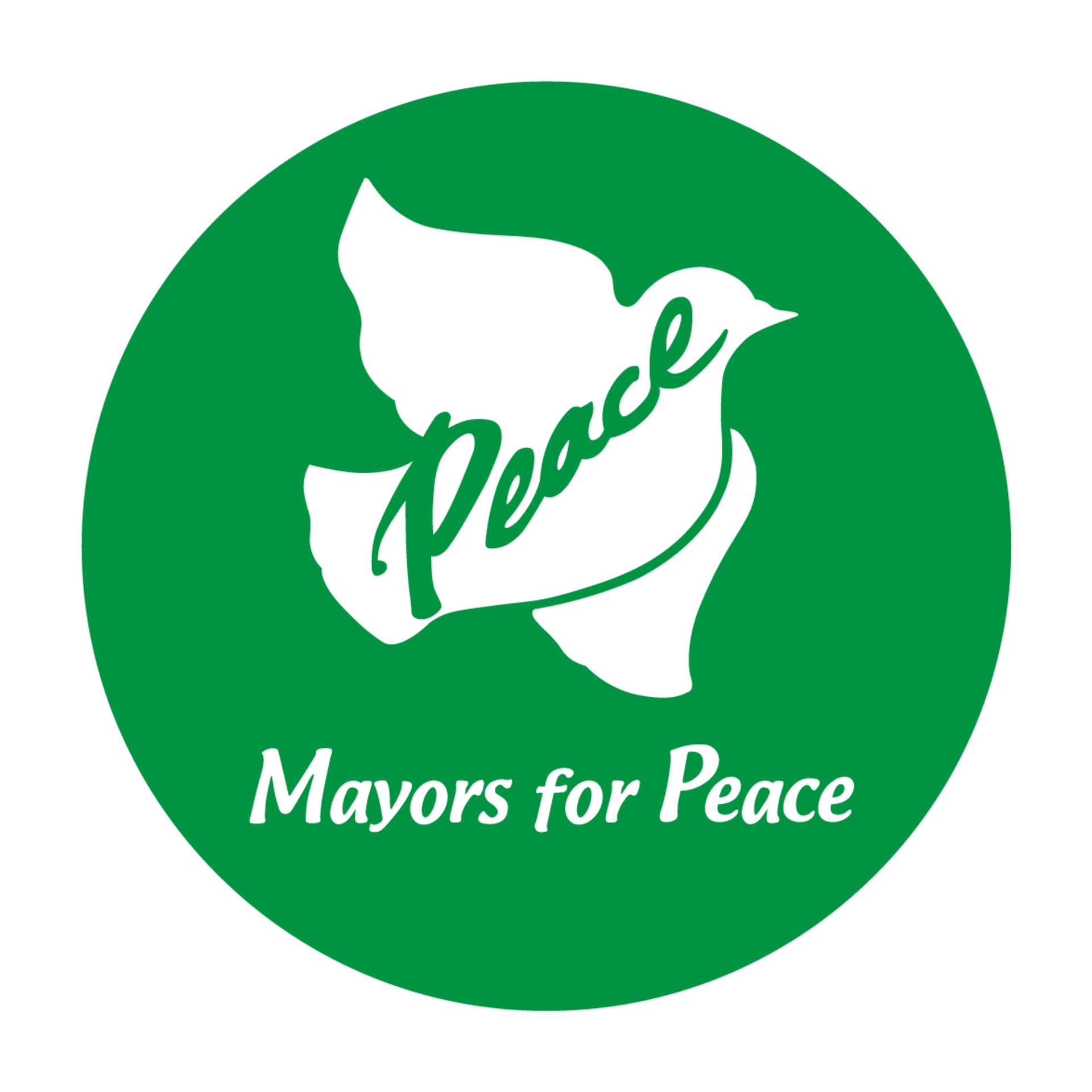 Rundes Logo in grün mit einer weißen Taube, die Frieden symbolisiert. Über der Taube steht das Wort "Peace" und darunter die Worte "Mayors for Peace". Das Design vermittelt eine Botschaft des Friedens und der Einheit.