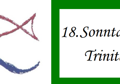 Ein rotes Fischsymbol und eine blaue Welle auf der linken Seite. Auf der rechten Seite steht in künstlerischer Schrift: „18. Sonntag nach Trinitatis“ auf grünem Hintergrund.