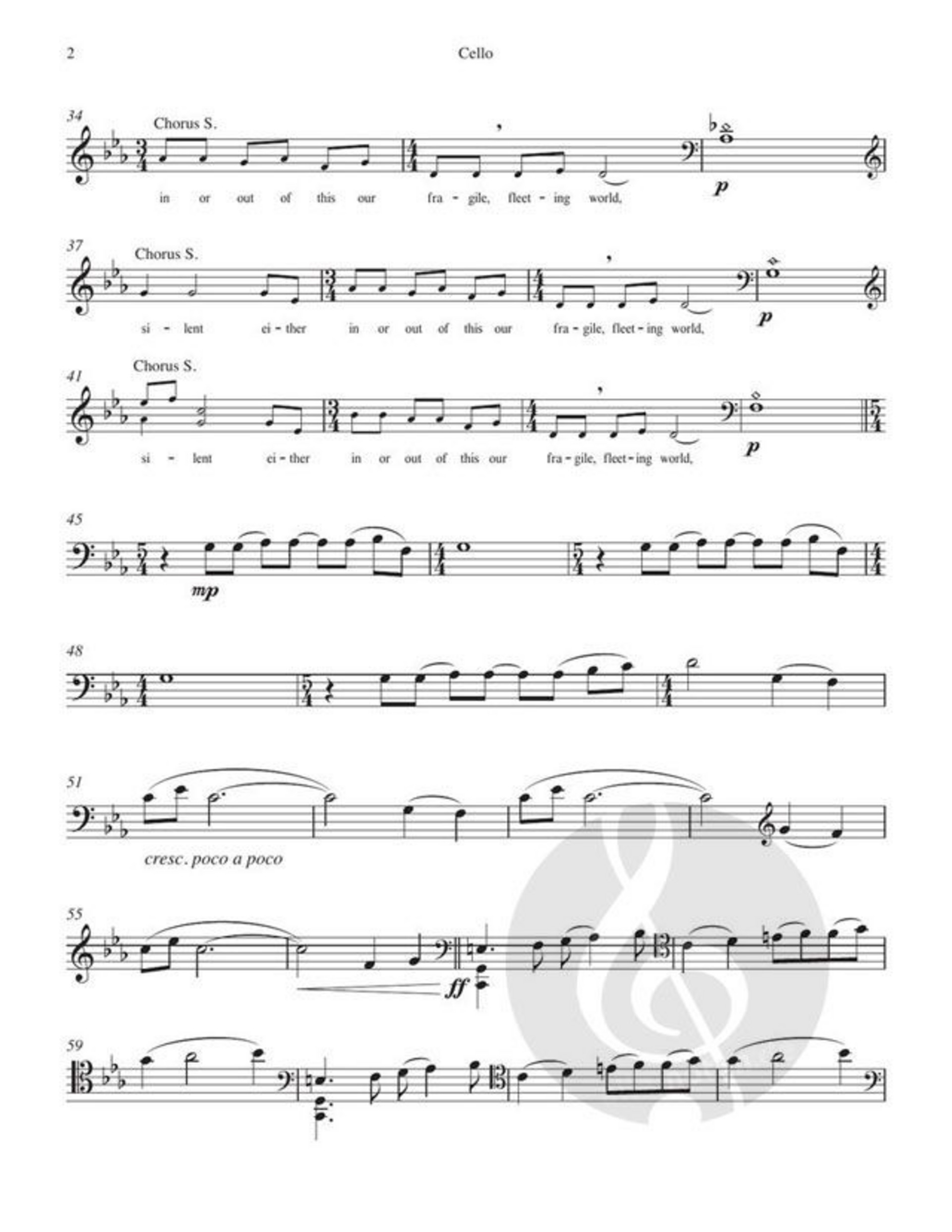 Das Bild zeigt eine Partitur für Cello mit mehreren Strophen und musikalischen Anweisungen. Die Notation umfasst verschiedene Noten und Symbole, die zur Aufführung eines Stücks verwendet werden. In den Texten sind Wiederholungen des Wortes „silent“ und Beschreibungen des Musikdynamik enthalten.