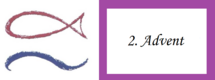 Das Bild zeigt ein stilisiertes Fischsymbol in Rot und Blau sowie den Text „2. Advent“ in eleganter Schrift auf weißem Hintergrund. Der Hintergrund ist lila. Die Darstellung vermittelt einen festlichen Bezug zum zweiten Advent.
