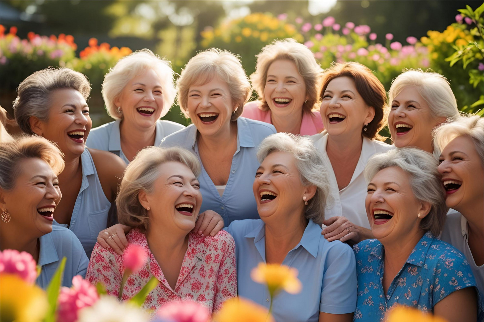 Eine Gruppe von lächelnden und lachenden Frauen mittleren Alters sitzt im Freien in einem blühenden Garten. Ihre Freude und Verbundenheit sind deutlich spürbar, während sie gemeinsam eine glückliche und unbeschwerte Zeit genießen.