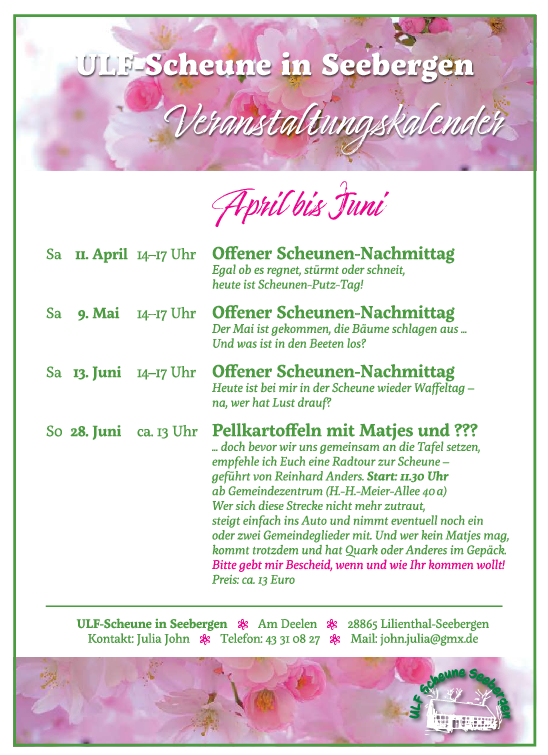 Das Bild zeigt das aktuelle Programm des Freizeitheims Scheune Seebergen