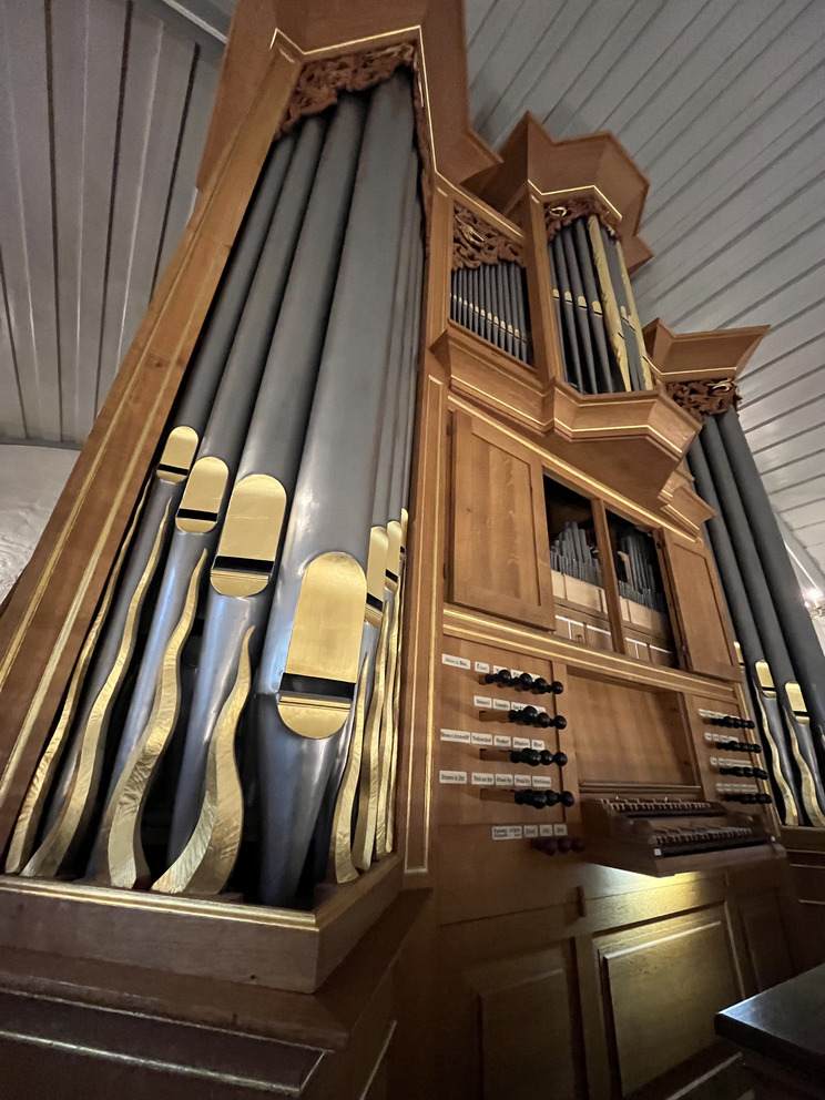Ansicht der Orgel mit Fokus auf einigen Orgelpfeifen