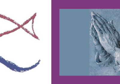 Links ein minimalistisches Fischsymbol in Rot und Blau; rechts zwei gefaltete Hände in grauer und blauer Zeichnung. Die Darstellung symbolisiert Glauben und Spiritualität.