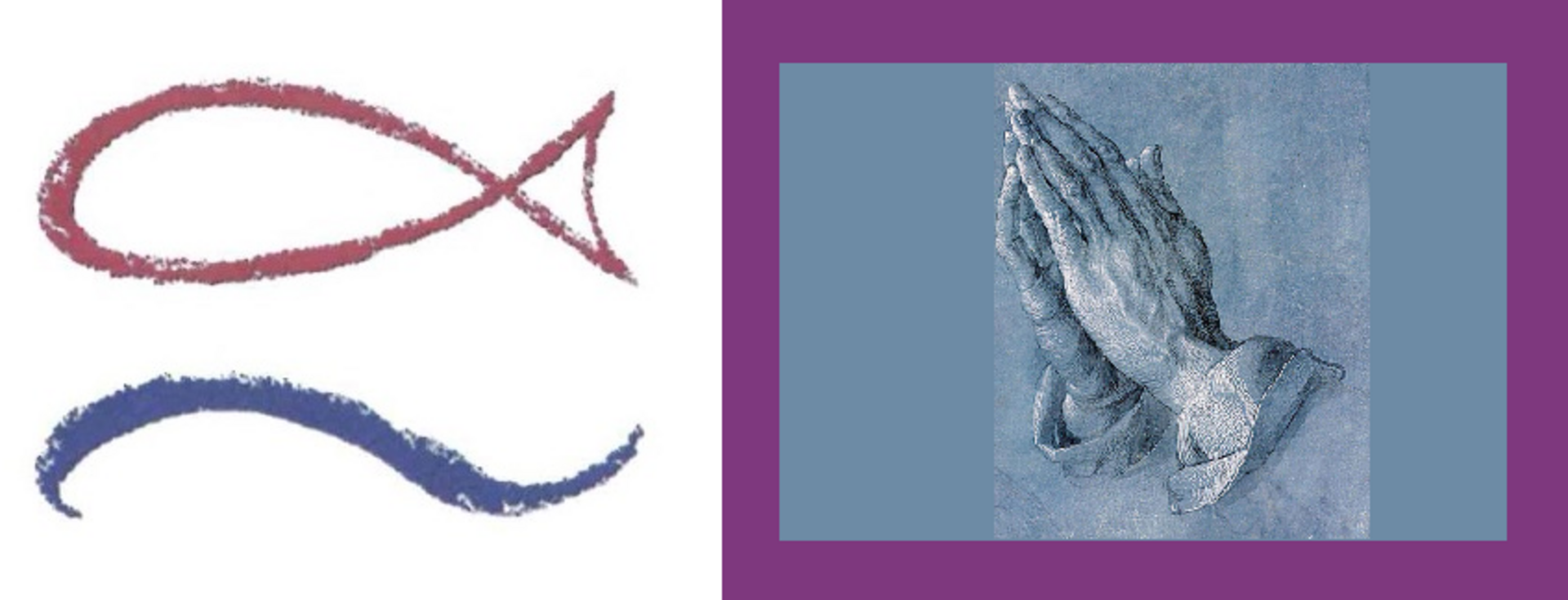 Links ein minimalistisches Fischsymbol in Rot und Blau; rechts zwei gefaltete Hände in grauer und blauer Zeichnung. Die Darstellung symbolisiert Glauben und Spiritualität.