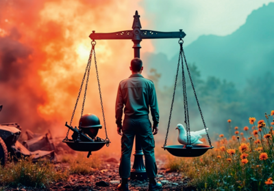 Ein Mann steht mit dem Rücken zur Kamera vor einer Waage, auf der sich ein Soldatenhelm und eine weiße Taube befinden. Im Hintergrund sieht man eine rauchige, kriegerische Landschaft, während vorne bunte Blumen blühen. Das Bild symbolisiert den Konflikt zwischen Krieg und Frieden.