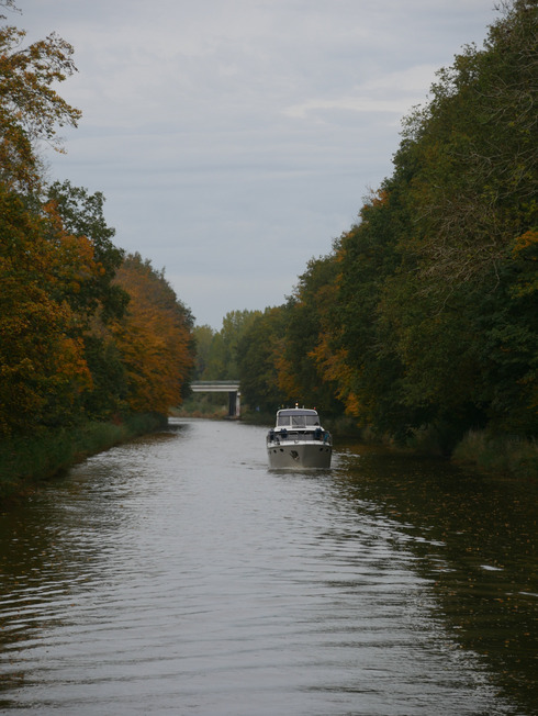 In der Entfernung sieht man ein Boot auf einem Kanal, der von herbstlich gefärbten Bäumen gesäumt wird.