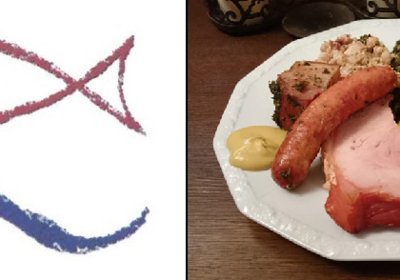 Eine Grafik zeigt ein gedecktes Teller mit verschiedenen Speisen: Kartoffeln, grünes Gemüse, ein Stück Fleisch und eine Wurst. Daneben sind zwei geschwungene Linien in Rot und Blau, die miteinander verbunden sind. Oben rechts steht ein weißes Feld mit der Aufschrift "Ü 65".
