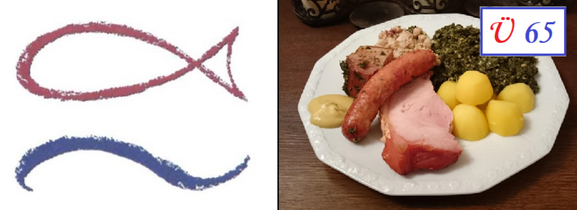 Eine Grafik zeigt ein gedecktes Teller mit verschiedenen Speisen: Kartoffeln, grünes Gemüse, ein Stück Fleisch und eine Wurst. Daneben sind zwei geschwungene Linien in Rot und Blau, die miteinander verbunden sind. Oben rechts steht ein weißes Feld mit der Aufschrift "Ü 65".