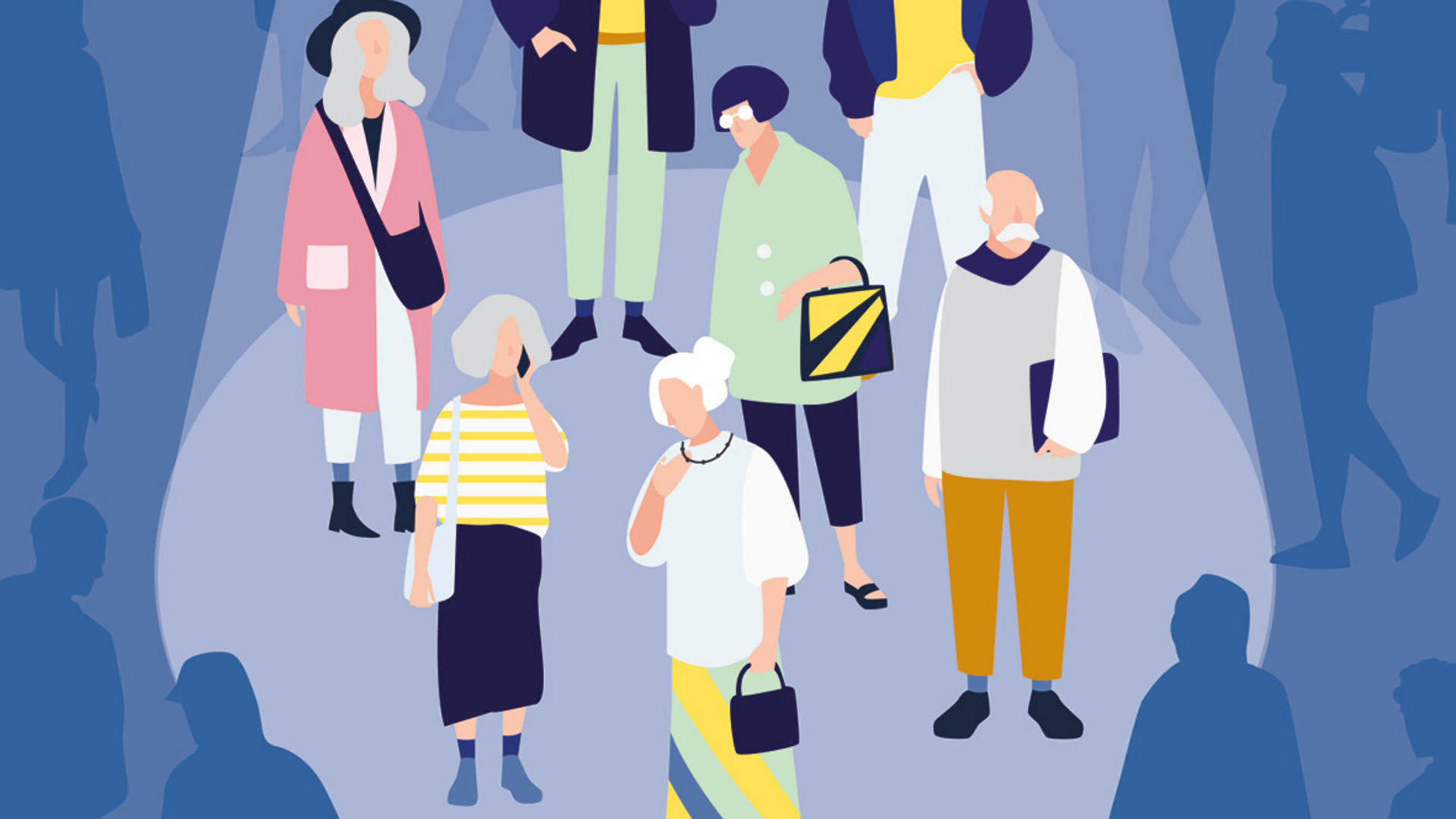 Eine Gruppe von Menschen steht im Mittelpunkt einer belebten Umgebung. Die Personen sind unterschiedlich gekleidet und zeigen verschiedene Altersgruppen. Einige scheinen miteinander zu kommunizieren, während andere beschäftigt sind. Die Szene vermittelt ein Gefühl von Gemeinschaft und Aktivität.