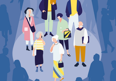 Eine Gruppe von Menschen steht im Mittelpunkt einer belebten Umgebung. Die Personen sind unterschiedlich gekleidet und zeigen verschiedene Altersgruppen. Einige scheinen miteinander zu kommunizieren, während andere beschäftigt sind. Die Szene vermittelt ein Gefühl von Gemeinschaft und Aktivität.