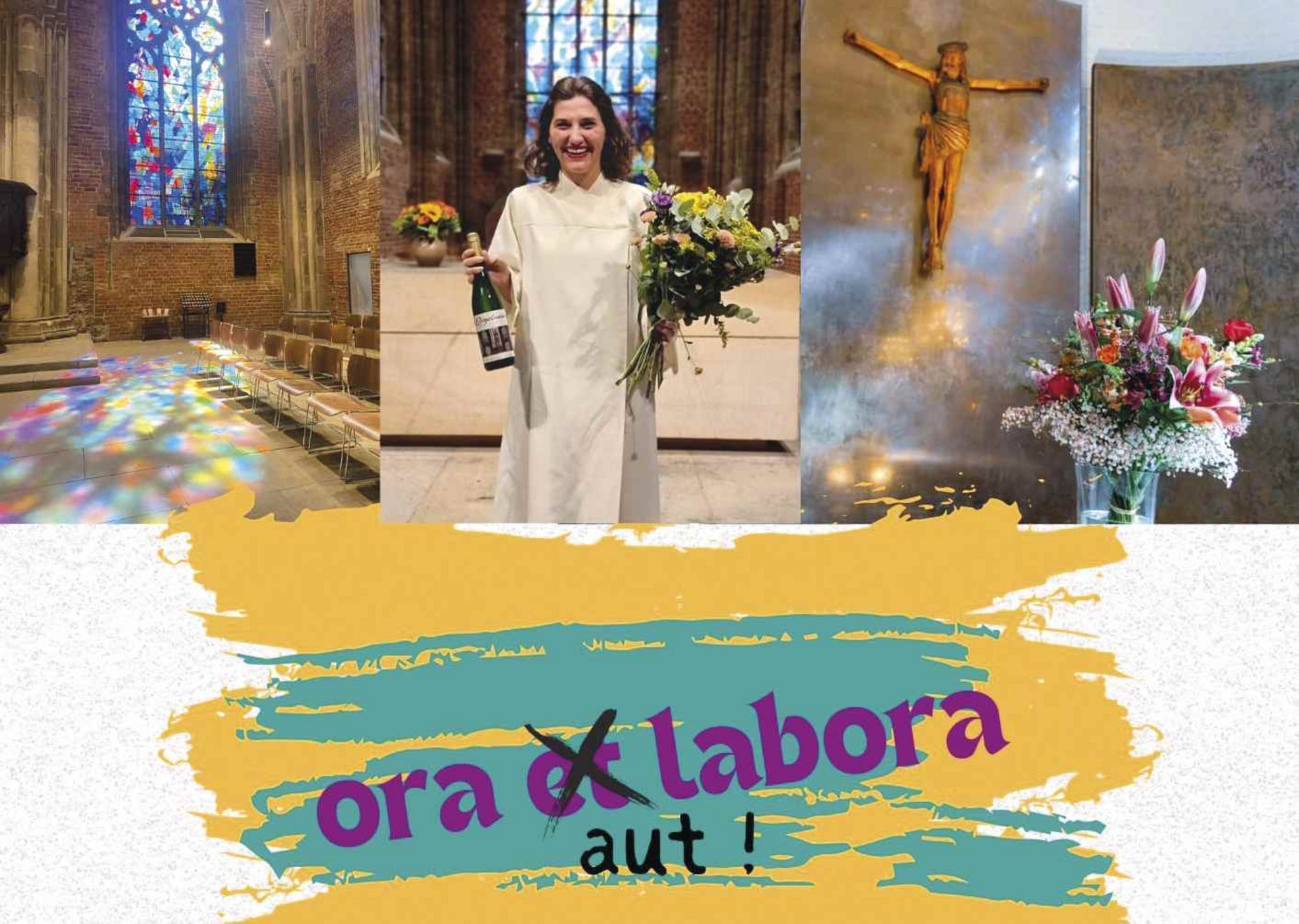 Eine Frau in einem hellen Gewand steht in einer Kirche, lächelt und hält eine Flasche Sekt sowie einen bunten Blumenstrauß. Im Hintergrund sind farbige Lichtmuster auf dem Boden und eine Statue von Jesus zu sehen. Der Text „ora et labora aut!“ ist im Bild integriert.