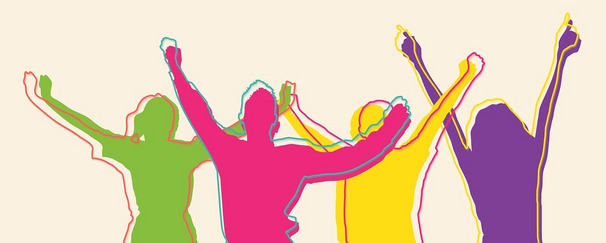 Fünf Personen feiern gemeinsam, indem sie die Arme in die Luft strecken. Die Silhouetten sind in verschiedenen lebhaften Farben umrandet. Sie vermitteln Freude und Begeisterung.