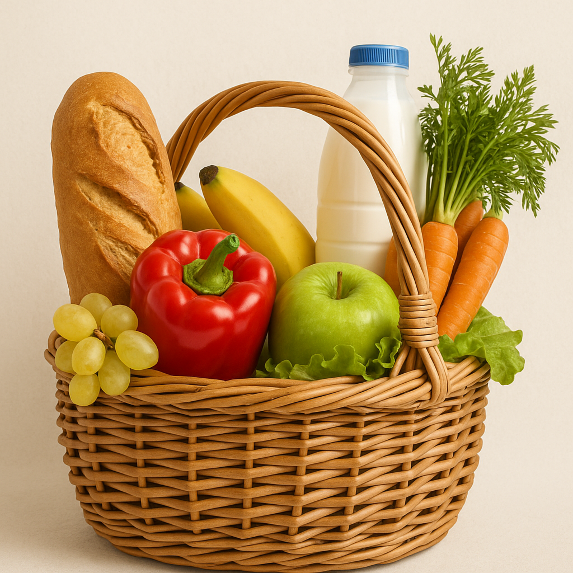 Ein Korb mit frischen Lebensmitteln: Eine Baguette, eine Flasche Milch, Bananen, eine rote Paprika, ein grüner Apfel, Trauben, Karotten und Blattgemüse sind sichtbar.