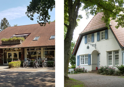 Ansichten eines Backsteingebäude und eines verputzten Gebäudes mit Bepflanzungen.
