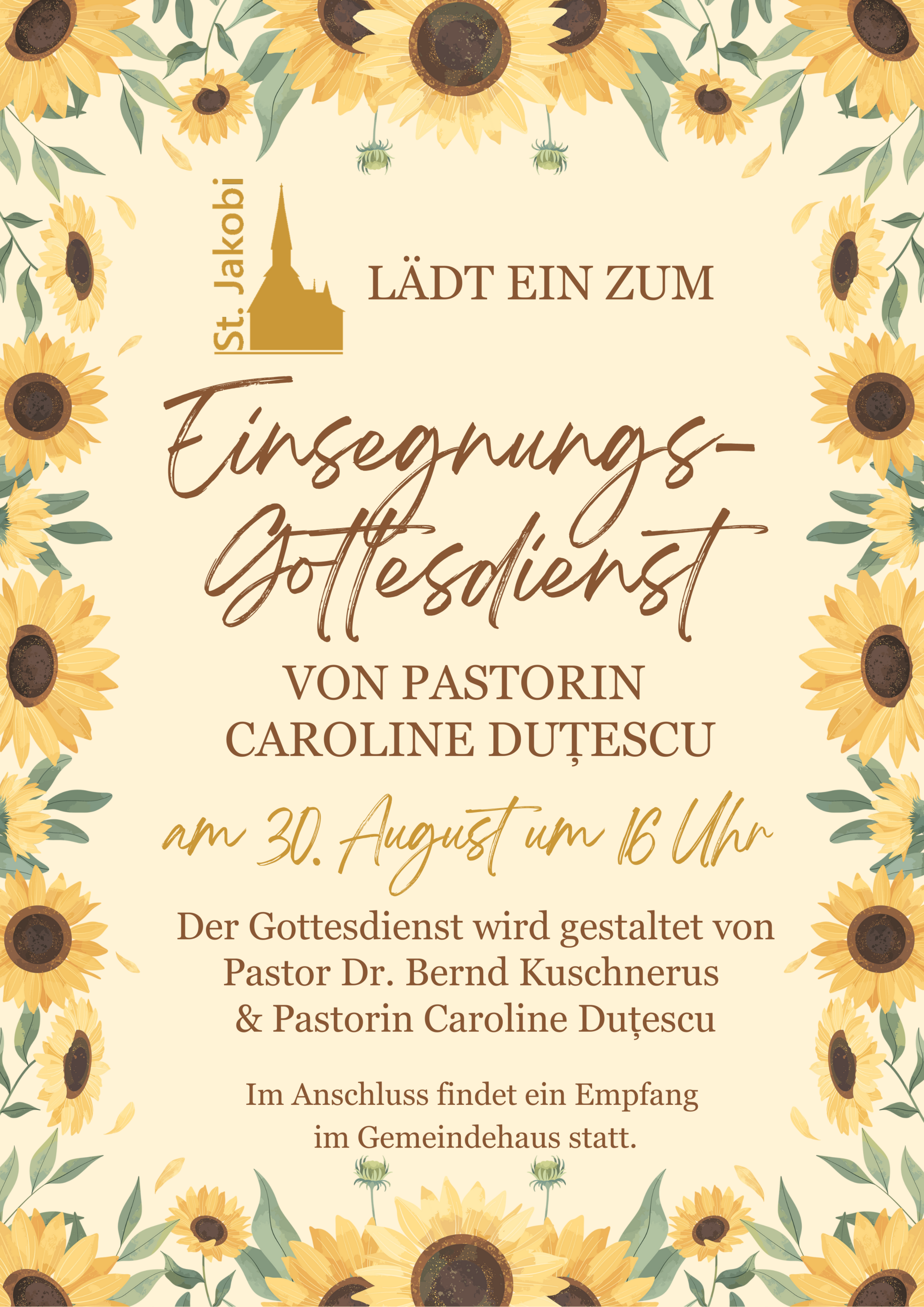 Einladung zu einem Einsegnungsgottesdienst von Pastorin Caroline Duteșcu am 30. August um 16 Uhr. Gestaltet von Pastor Dr. Bernd Kuschnerus und Pastorin Caroline Duteșcu. Anschließend Empfang im Gemeindehaus.