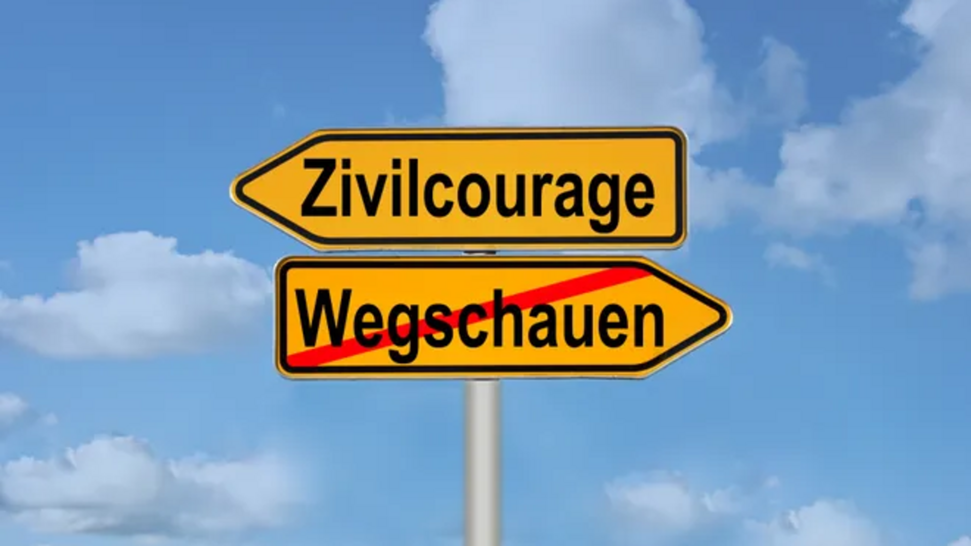 Das Bild zeigt ein Verkehrsschild mit zwei Richtungspfeilen. Der linke Pfeil weist auf "Zivilcourage" hin, während der rechte Pfeil "Wegschaunen" zeigt, aber durchgestrichen ist. Der Hintergrund besteht aus einem blauen Himmel mit Wolken.