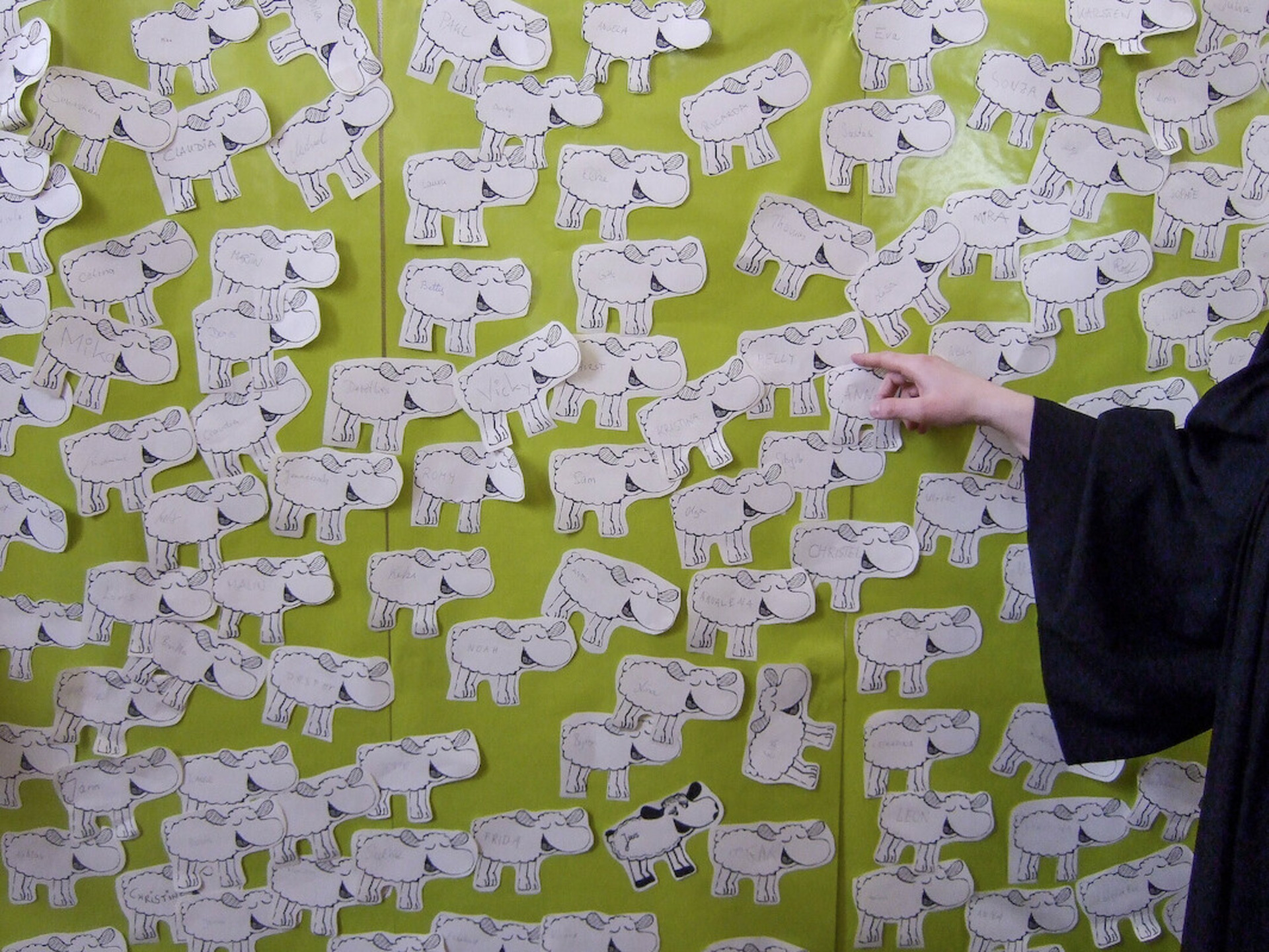 Eine bunte Wand mit vielen handgezeichneten Schafen, jedes mit einem Namen beschriftet. Eine Hand zeigt auf eines der Schafe. Der Hintergrund ist grün und die Schafe sind schwarz-weiß.