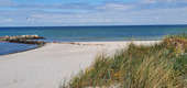 Blick auf einen weißen Strand mit blauen Wellen und grünen Dünen.