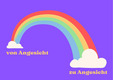 Ein Regenbogen mit sanften Farben überspannt die obere Bildhälfte. Darunter steht in gelber Schrift der Text "von Gesicht zu Gesicht". Der Hintergrund ist lila. Die gesamte Komposition vermittelt eine freundliche und einladende Stimmung.