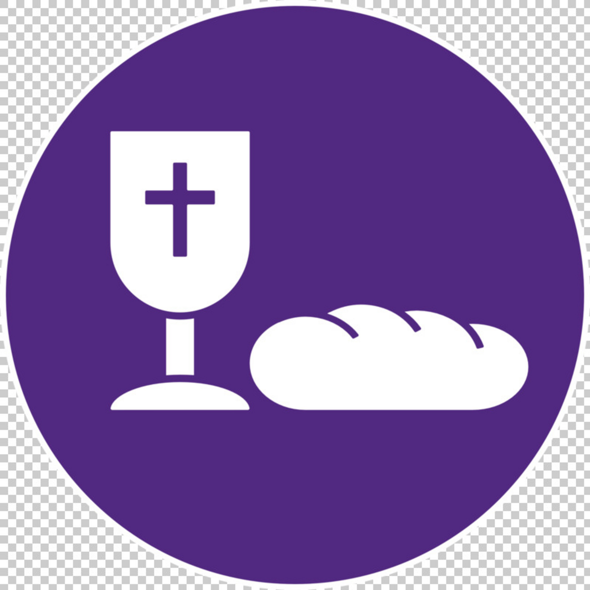Ein lila Kreis zeigt ein symbolisches Kelch mit einem Kreuz und ein Stück Brot. Diese Darstellung steht für das Abendmahl oder die Eucharistie im christlichen Glauben.