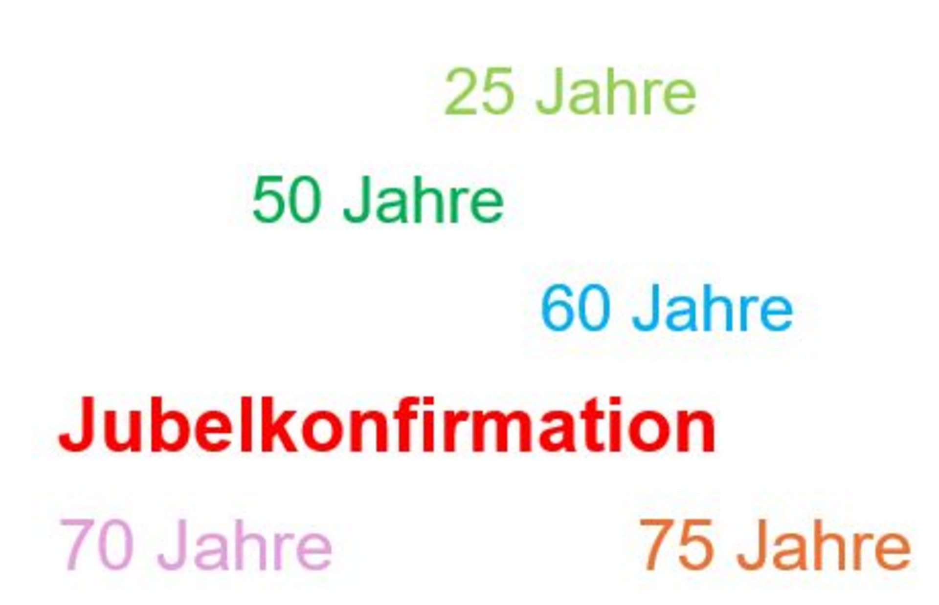 Schriftzüge in verschiedenen Farben, die verschiedene Jubiläumsjahre darstellen: 25 Jahre, 50 Jahre, 60 Jahre, 70 Jahre, 75 Jahre, ergänzt durch den hervorgehobenen Begriff "Jubelkonfirmation" in roter Schrift.