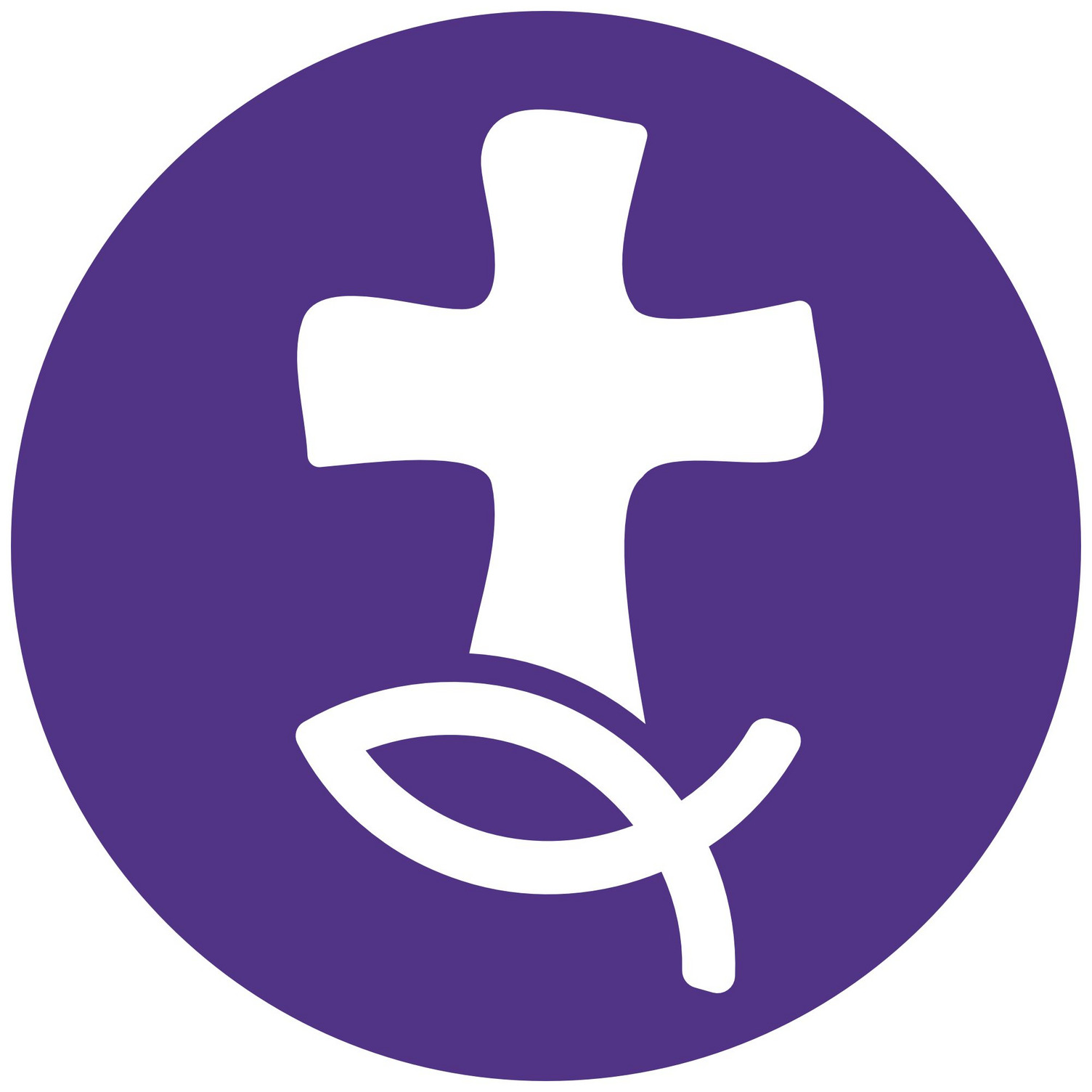 Das Bild zeigt ein schlichten, weißen Kreuz auf lila Hintergrund, ergänzt durch einen stilisierten Fisch. Diese Symbole repräsentieren christliche Glauben und Spiritualität.
