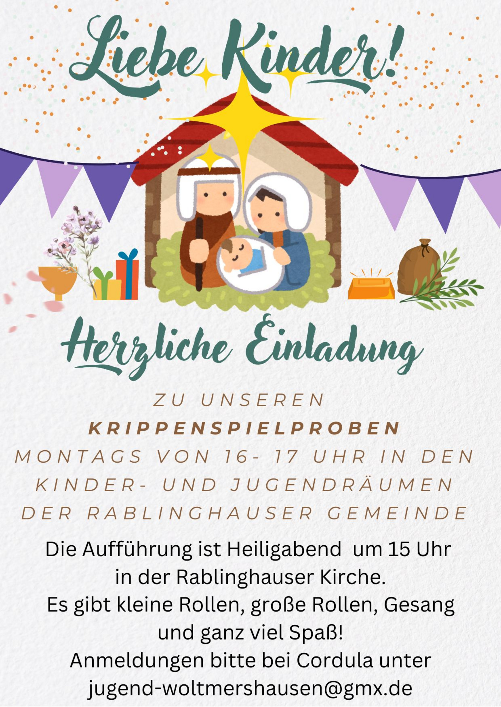 Einladungsflyer für Krippenspielproben, montags von 16 bis 17 Uhr in der Rablinghauser Gemeinde. Aufführung an Heiligabend um 15 Uhr in der Rablinghauser Kirche. Es gibt verschiedene Rollen und viel Spaß. Anmeldungen bei Cordula per E-Mail.