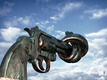 Das Foto zeigt die berühmte Skulptur einer Pistole mit verknotetem Lauf