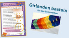 Ein Banner für ein Sommerferienprogramm, das vom 3. Juli bis 13. August 2025 stattfindet. Es listet verschiedene Aktivitäten wie Seifenblasen und Girlanden basteln auf. Neben dem Programmtext befindet sich eine Abbildung von bunten, gefalteten Papiergirlanden für das Sommerfest.