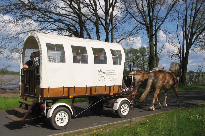 Das Foto zeigt einen Pferdewagen auf einer Vatertagstour.