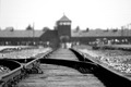 Einfahrt des Konzentrationslager Auschwitz-Birkenau; schwarz-weiß-Aufnahme; im Vordergrund Schienen, im Hintergrund unscharf das markante Tor mit dem Wachturm.