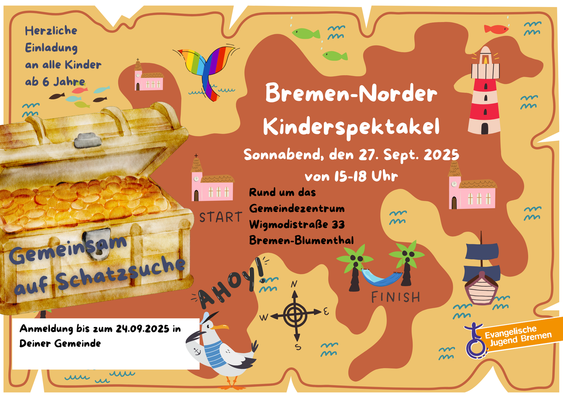 Einladung zum Kinderspektakel in Bremen-Nord am 27. September 2025, von 15 bis 18 Uhr. Aktivitäten rund um das Gemeindezentrum, Wigmodistraße 33, Bremen-Blumenthal. Anmeldung bis zum 24. September 2025 erforderlich. Thema: Schatzsuche.