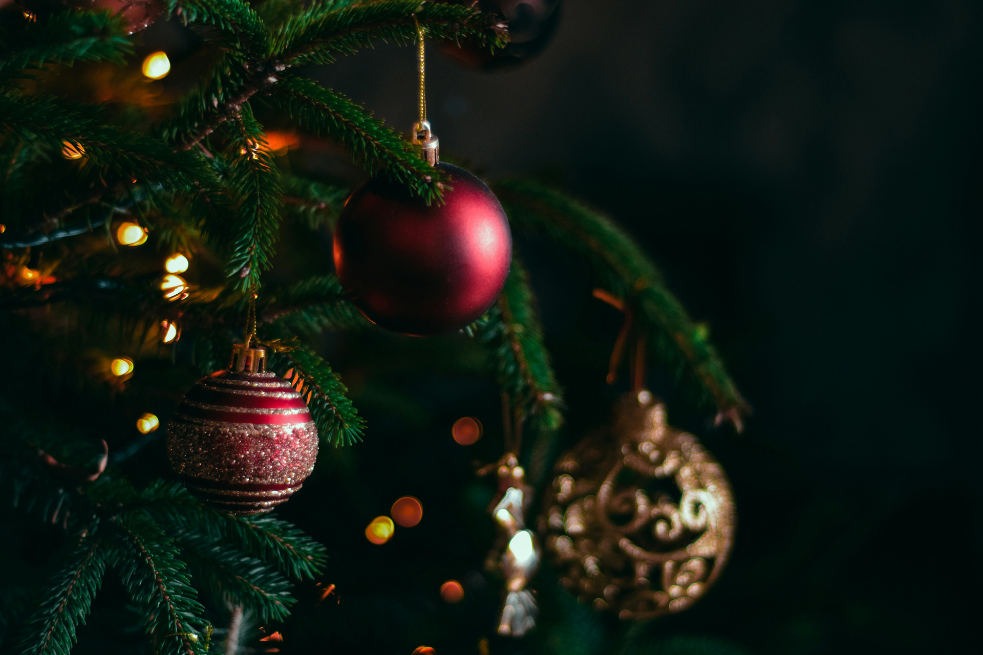 Ein Weihnachtsbaum mit grünen Nadeln, dekoriert mit roten und golden glitzernden Kugeln. Im Hintergrund scheinen warme Lichter. Die Stimmung ist festlich und gemütlich.