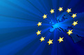 Das Bild zeigt eine Illustration, den Umriß einer Europakarte auf blauem Grund, umgeben von den Kreis goldener Sterne auf der Europaflaggeenen