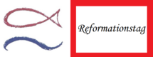 Zwei stilisierte Symbole auf der linken Seite: ein Fisch und eine geschwungene Linie. Rechts davon steht in eleganter Schrift „Reformationstag“ auf rotem Hintergrund. Die Darstellung verweist auf den Feiertag, der an die Reformation erinnert.
