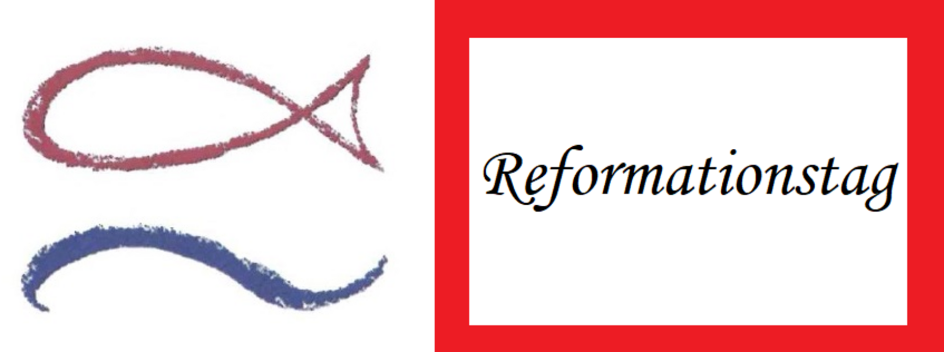 Zwei stilisierte Symbole auf der linken Seite: ein Fisch und eine geschwungene Linie. Rechts davon steht in eleganter Schrift „Reformationstag“ auf rotem Hintergrund. Die Darstellung verweist auf den Feiertag, der an die Reformation erinnert.