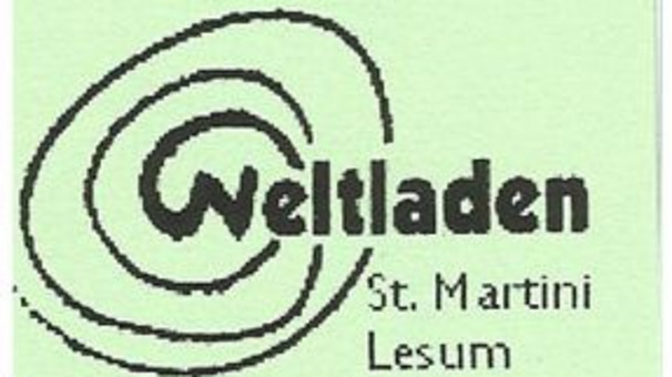 Logo des Weltladens St. Martini Lesum. Der Schriftzug "Weltladen" ist prominent in schwarzer Schrift dargestellt, umgeben von einer spiralförmigen Linie auf einem hellgrünen Hintergrund.